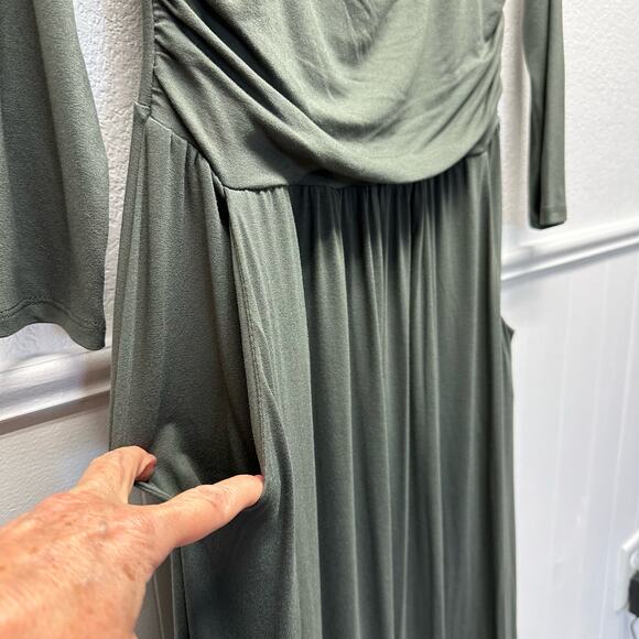 NWOT, Lascana Sz 8 Olive Green On Or Off Shoulder Dress With Pockets & Ruching - Picture 6 of 16